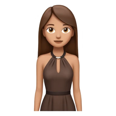 emoji-style illustration of a stylish woman with long straight brown hair, wearing a dark halter neck dress, elegant and minimalistic look, front-facing, soft 3D cartoon rendering, plain background sticker