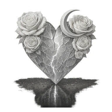 Edit the gothic heart to be formed from splintered deep white glass, silver crescent moon, white roses, sparkling holographic stardust, neon lightning, and a wet, reflective surface. Keep the background transparent. Maintain the gothic heart style and transparent background. sticker