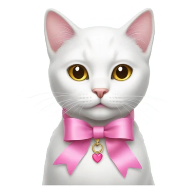 white cat wearing pink ribbon as collar sticker
