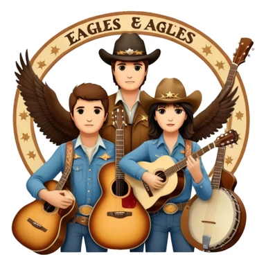 Icon for Country Music: A collage featuring Eagles as a band, Ricky Nelson, and Linda Ronstadt. Acoustic guitars, banjo, cowboy hats and a vintage Americana aesthetic evoke the spirit of classic country and country rock. Warm earthy tones. Transparent background. sticker