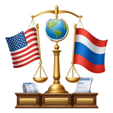 icon featuring podium with a speaker, russian and american flags, and voting ballots. The design includes a globe and scales of justice in the background, representing governance, global affairs, and political theory. Transparent background emphasizes civic engagement and policy. sticker