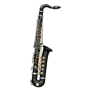 Create an elegant and detailed emoji representing a clarinet. The design should feature the sleek, black wood finish of the clarinet with its shiny metal keys clearly visible. Highlight the intricate details, such as the bell at the end and the carefully crafted mouthpiece with the reed. Use black wood tones for the body of the instrument and silver or brass accents for the keys. Add subtle musical notes or soundwaves floating around the instrument to evoke the smooth, melodic sound of the clarinet. The background should be transparent. sticker