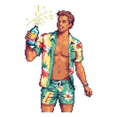 human male Unbuttoned Hawaiian shirt, swim trunks, shaking a cocktail shaker (sparks flying) sticker