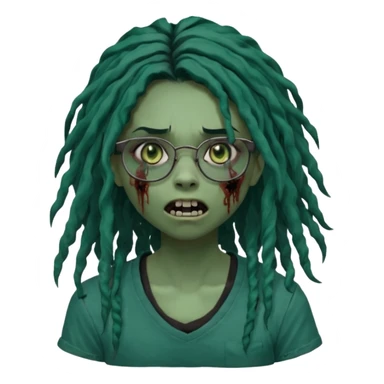 One girl greenskinned, zombie with glasses, with ombre black roots, dark teal long locks & side bang of her locs that fall over slightly covering the right eye, a sinister expression w/ the mouth open, teeth showing, and the jaw uneven. with a small wound near its mouth, her locks curly, black shirt sticker