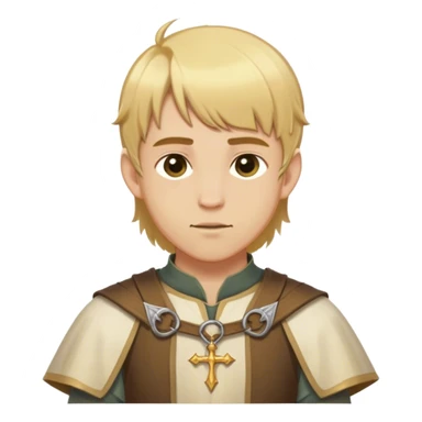 "Medieval summer outfit worn by a DnD themed fantasy male character. Character has golden blonde hair cut in a traditional page style, falling evenly just below the ears with a straight fringe across the forehead. sticker