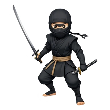  A emoji cartoon-style digital illustration of a ninja dressed in a full black outfit with a face mask, leaving only the eyes visible. The ninja has a serious and focused expression. A katana sword is strapped to their back, with the handle visible over one shoulder. The background is plain white sticker