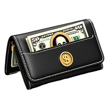 Rich emoji style black leather wallet with dollar bills, luxury money vibe, premium 3D emoji, ultra clean, high detail, no background sticker