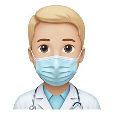A minimalistic bust of a dentist wearing a white coat with a light blue shirt underneath. The figure has a simple white surgical mask covering the mouth and nose, with visible focused eyes. A small tooth icon is subtly placed on the coat instead of a red cross. The design is sleek and modern, with smooth lines and soft shading. The background features a minimal, abstract dental symbol such as a tooth outline or a small dental tool (mirror or scaler). No extra details, keeping a clean, professional, and minimalistic emoji style sticker