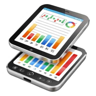 Photorealistic emoji of a compact device (handheld scanner) made of matte metal and glass. The bright, slightly reflective screen shows small colored bar charts/heatmap icons and language codes (EN, DE, 中文, العربية) plus a tiny analytics chart.  sticker