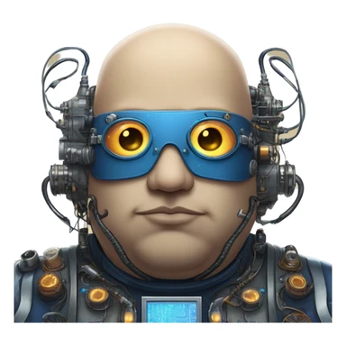 Fat bald cyborg head with tan skin, blue beard, blue steampunk goggles and circuits sticker