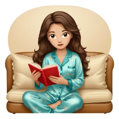Woman with brunette hair light tanned skin reading on sofa. Long wavy hair. Beige ivory colours. Silk pyjamas. Realistic. Foxeye with lashes. Glamorous makeup sticker