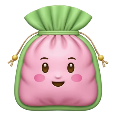 A Korean fortune pouch (bokjumeoni) in iPhone emoji style, pastel pink and light green colors, soft 3D glossy texture, centered, no outlines, transparent background. no face sticker