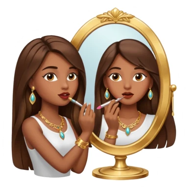 Girl with long brown hair, gold jewelry, and lashes, putting on lipgloss by a mirror  sticker