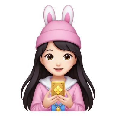pixel art chibi asian girl with dark long hair in pink bunny hat magical girl with kawaii tarot cards thrown in air pixel emoji sticker