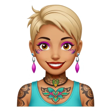 girl with bold face tattoos, happy face, wearing a colorful shirt sticker