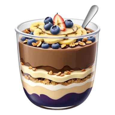 Açai bowl in a clear cup with layers of biscof , nutlella, granola, condensed milk and banana sliced and blueberrys on top sticker
