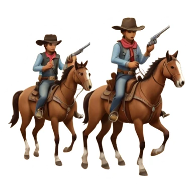 Icon for Western: A dramatic scene with cowboys on horseback, a dusty desert landscape, a setting sun. Include a classic cowboy hat, revolvers and an old wooden saloon in the background. capture the essence of the Wild West with rugged and adventurous details. Transparent background. sticker