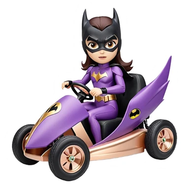 Hot full size real-appearance enclosed electric racing action BatGirl’s feminine midnight-colored tight outfit sixty’s tv show 1992 stealthy retro sporty safe plush petite off-road pursuit cruiser car rose gold accents (black hair,reclined and relaxed torso and shoulders seating position) go kart  sticker
