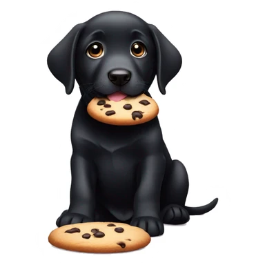 sweet black labrador puppy with big eyes eats a cookie sticker