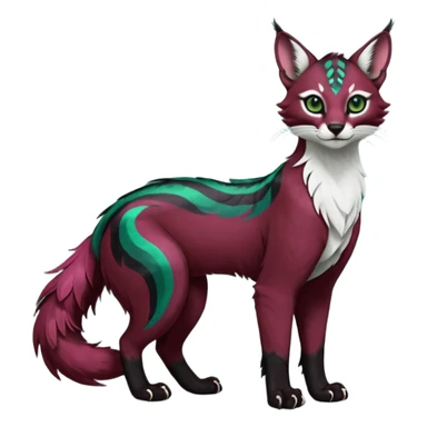Colorful dark tropical feathery tribal dark burgundy wine-red obsidian-black jade-green white glorious iridescent divine exotic cute cool beautiful beautiful fantasy-caracal-civet-genet-sergal-vernid-Gryphon-Cacomistle-Trico-oncilla-animal-Fakémon-hybrid-fursona (full body) sticker