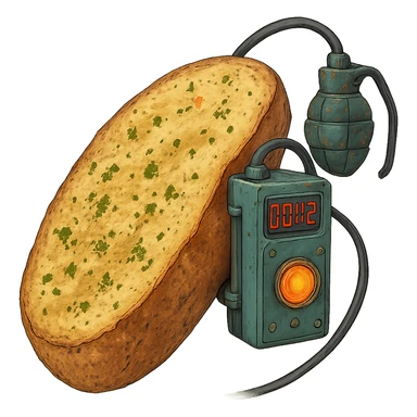 a thermonuclear hand held grenade IED, futuristic cyberpunk. The primed exlosive element is not c4 plastique, but it is garlic bread. small detonator attached to large loaf sticker
