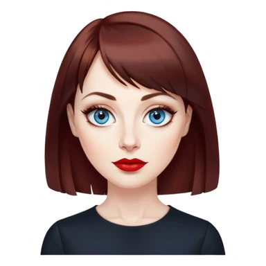 Artistic woman in her 40s with pale skin, oval face, large blue eyes with eyeliner, thin eyebrows, small nose, red lipstick, dark auburn hair with bangs, wearing a black top, mature creative expression sticker