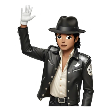 Icon for R&B Music: Michael Jackson in his black fedora, sparkling glove, and leather jacket, striking his famous final pose after performing, with one arm raised and head tilted back. Musical notes surround him, symbolizing the essence of R&B. Transparent background. sticker