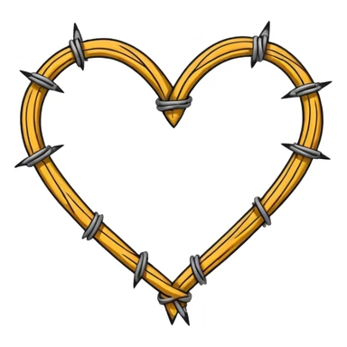 Minimal black line art heart made from barbed wire, hand-drawn sketch look, uneven ink strokes, 6–7 barbs with twisted knots, simple clean outline, centered on plain white background, high contrast sticker