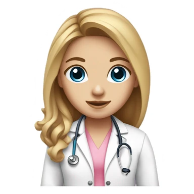 girl with long brown blonde hair blue eyes wearing pink doctor  scrubs, white doctor coat, stethoscope  sticker