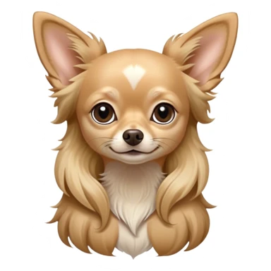 Cinematic Noble Long Haired Fawn Chihuahua Portrait Emoji, Poised and regal, with a delicate, refined build and a flowing, well-groomed long fawn coat, deep-set soulful dark eyes, Simplified yet sharp and sophisticated features, highly detailed, glowing with a soft, dignified glow, high shine, intelligent and loyal, stylized with an air of elegance, focused and attentive, soft glowing outline, capturing the essence of a watchful and confident guardian, so majestic it feels as though it could step out of the screen with effortless authority! sticker