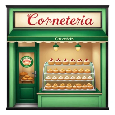 The image shows the front window of a bakery named "Cornetteria". The window is framed by a green wooden frame and has a sign above it that reads "CORNETTERIA".  sticker