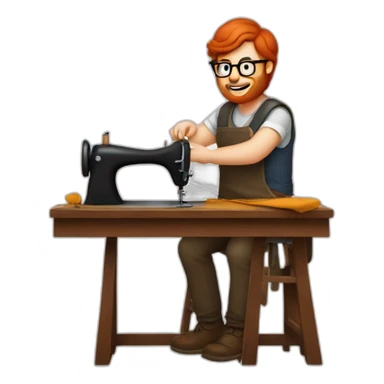 Red smooth haired man with beard and glasses sewing a saddle by hand sticker