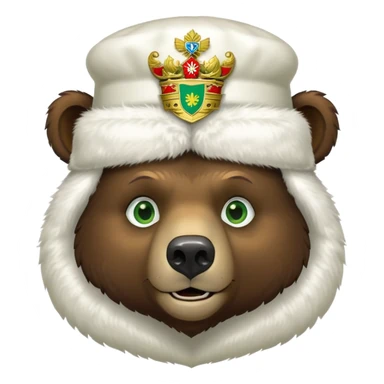 Dark brown grizzly bear face with green eyes, wearing a white fur hat with golden Russian coat of arms in the middle sticker