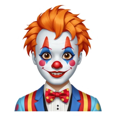 Orange hair styled in upward tufts.

White face paint, red nose, red lips, and thin black eyebrows.

Wearing a colorful patchwork clown suit with a big blue bow tie.

Happy, cheerful smile. sticker