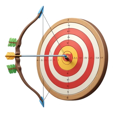 A bow with an arrow drawn back, aimed at a target with concentric rings. The background suggests a calm, outdoor archery range, emphasizing the precision, focus, and skill required in archery as a competitive sport. sticker