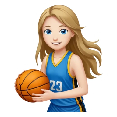 smiling girl with blue eyes and long hair playing basketball with black and yellow jersey sticker