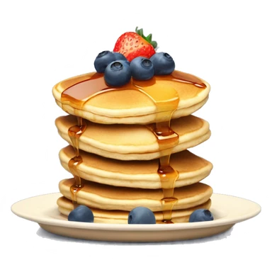 a stack of pancakes on a plate with syrup snd a small slice of butter on top and on the plate leaning on the pancakes have a half of a strawberry and 2 blueberries sticker