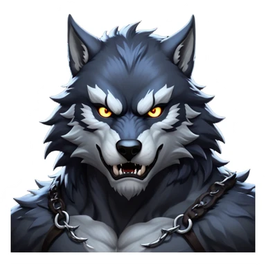 cinematic-noble-fierce-werewolf-portrait-emoji, poised-and-imposing, with a tall, slender yet muscular frame inspired by the brutal, imposing shape of the beast from Berserk, fur rippling in shades of midnight black and silver, eyes glowing with an intense, primal ferocity, reflecting the untamed power of the wild moonlit night; rendered with realism sticker