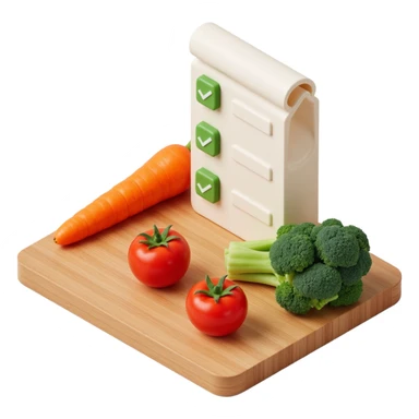carrot tomato brocoli on the wooden cutting board with floating rolled paper list with green checkboxes sticker