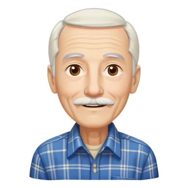 Elderly thin man with light skin. Elongated face with kind smile. Long straight white hair reaching down to chest, with some bangs. Light brown eyes. Thin eyebrows. White goatee and mustache. Very slim build. Wearing a blue and beige plaid shirt. sticker