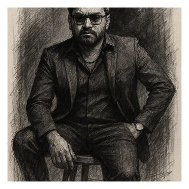 Create a dramatic black and white pencil sketch portrait of a confident looking man using the reference image for facial features. He is sitting on a wooden stool against a dark studio background, wearing a well-fitted, all-black suit with a black shirt and black pants, a golden chain at the neck, and a small silver watch. The shirt is slightly unbuttoned at the top. His posture is relaxed yet dominant, with one arm resting on his leg and the other in his pant pocket. The lighting is soft but directional, exuding a moody and powerful aura. sticker