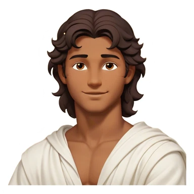 Cinematic Realistic Hercules Portrait, head tilted playfully and inquisitively, showcasing a charming blend of Disney heroic charisma and the refined grace of Michelangelo's David. His sun-kissed bronze skin and thick, wavy dark hair are rendered with classical precision, complementing a warm, inviting smile and sparkling, mischievous eyes. Clad in a softly draped white robe with subtle golden details, he exudes approachable strength under gentle, natural lighting. sticker