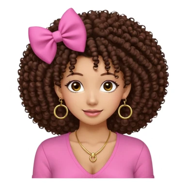 Naturally tan skin girl short darkBrown curly afropink shirt very long lashes hoop gold earrings Brown eyes gyaru smiling closed mouth cute bow hairclip small on the side. V neck pink shirt. Teenager bow on shirt, cleavage sticker