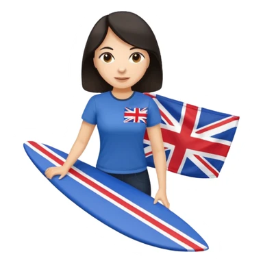 Woman teacher with dark hair in T-shirt with the UK flag surfing  sticker