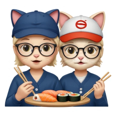cute girl cat with glasses and a cute boy cat with a baseball cap eating sushi together sticker