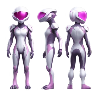 White Lizard-Reptile-Raptor-Alien-Genesect-Mewtwo-Fakémon, with pink eyes, with a futuristic visor-helmet, wearing a techwear-suit, Full Body sticker