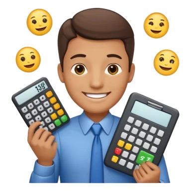 male aUDITOR smiling with spreadsheet and a calculator, emoji, ADD A puzzle and a Balance for accounting sticker