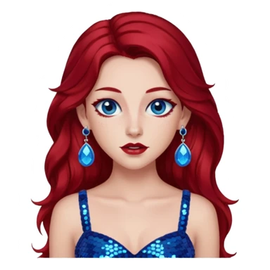Chappell Roan (b.1998) with long dark red hair, red sequin crop top, red earring, blue eye, makeup sticker