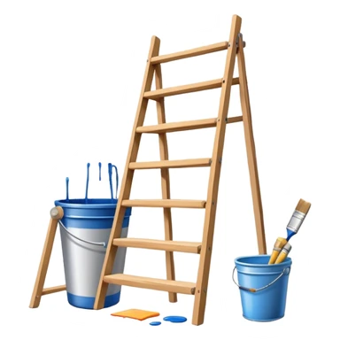 Create an icon that represents the hobby of wall painting. The design should feature a wall with a beautiful, frameless painting in progress. Include a paint bucket with brushes and rollers, as well as a wooden ladder, symbolizing the process of creating the artwork. The wall should have visible brush strokes, indicating the work in progress. The composition should be harmonious and balanced, reflecting both the artistic and practical aspects of wall painting. The background should be transparent. sticker