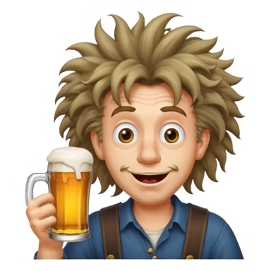 silly man with wild hair holding a beer, exaggerated goofy face, cross eyed sticker